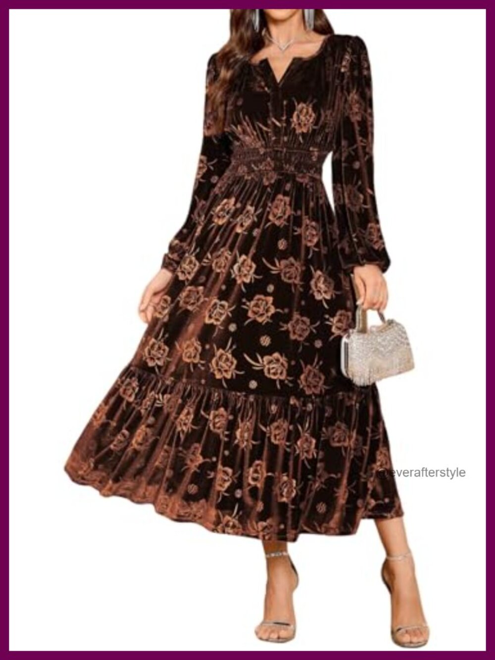 Velvet Maxi Dress Long Sleeve V Neck Smocked Waist Floral Semi Formal